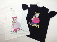 LOGO & Girl Pattern Shoulder opening Short-sleeved T-shirt